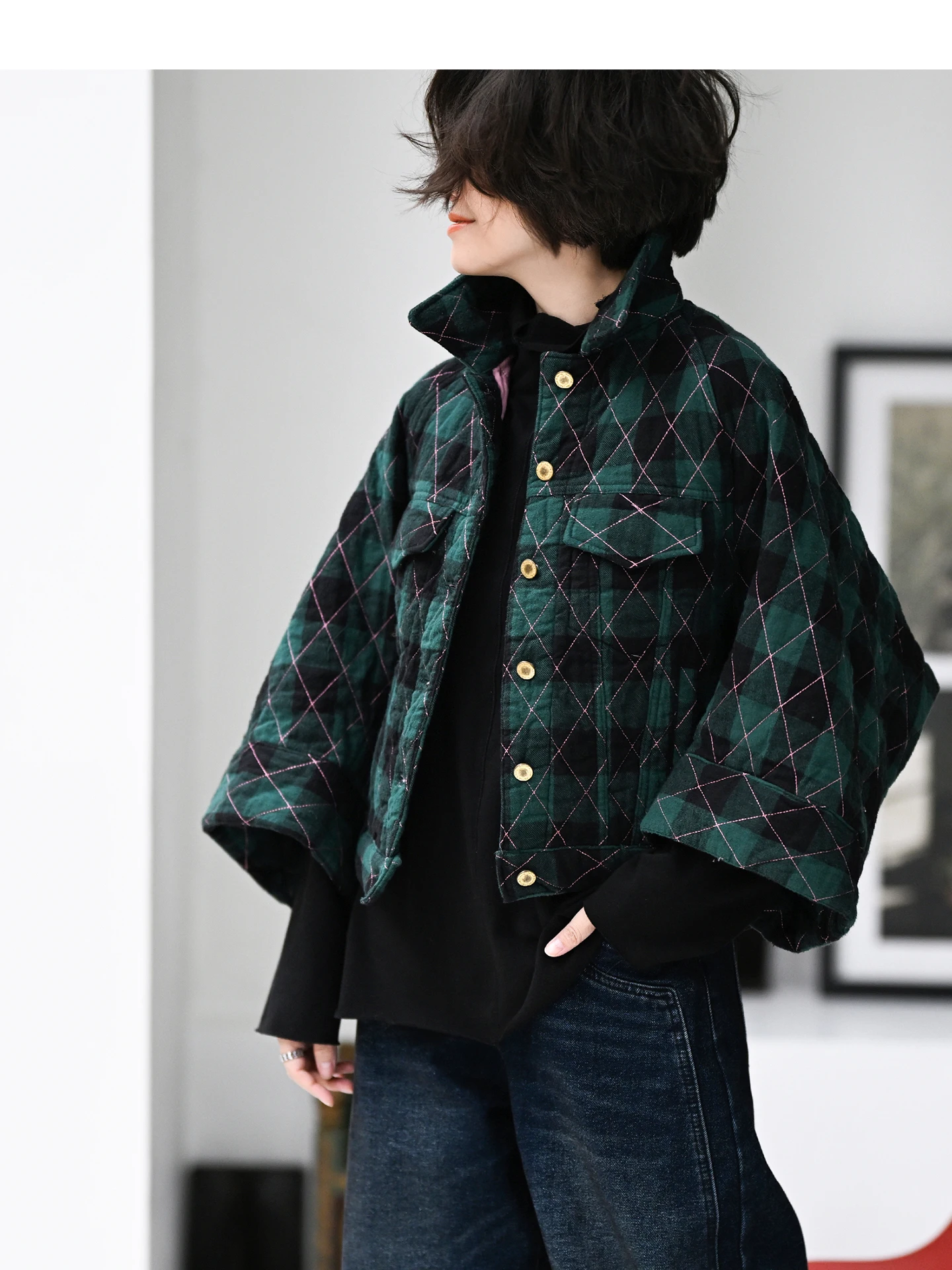 

Korean Sle Casual Plaid Collar ort Jaet Wide Sve Cotton Coat Women Autumn Faion Commute Single Button Fastening