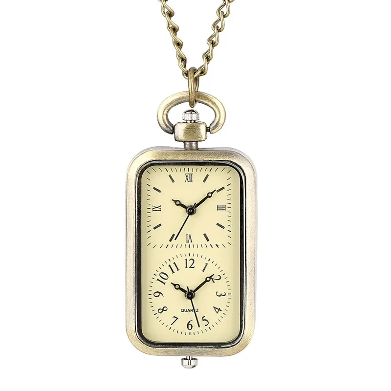 Bronze Rectangle Shape Dual Time Zone Pocket Watch Arabic Roman Number Display Quartz Movement Men Women Sweater Necklace Chain