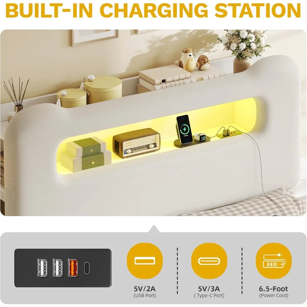 إطار سرير كامل الحجم، سرير منجد بوكل مع لوح رأسي للتخزين، سرير LED مع USB ومنفذ، لا حاجة إلى صندوق زنبركي، كريمي #6