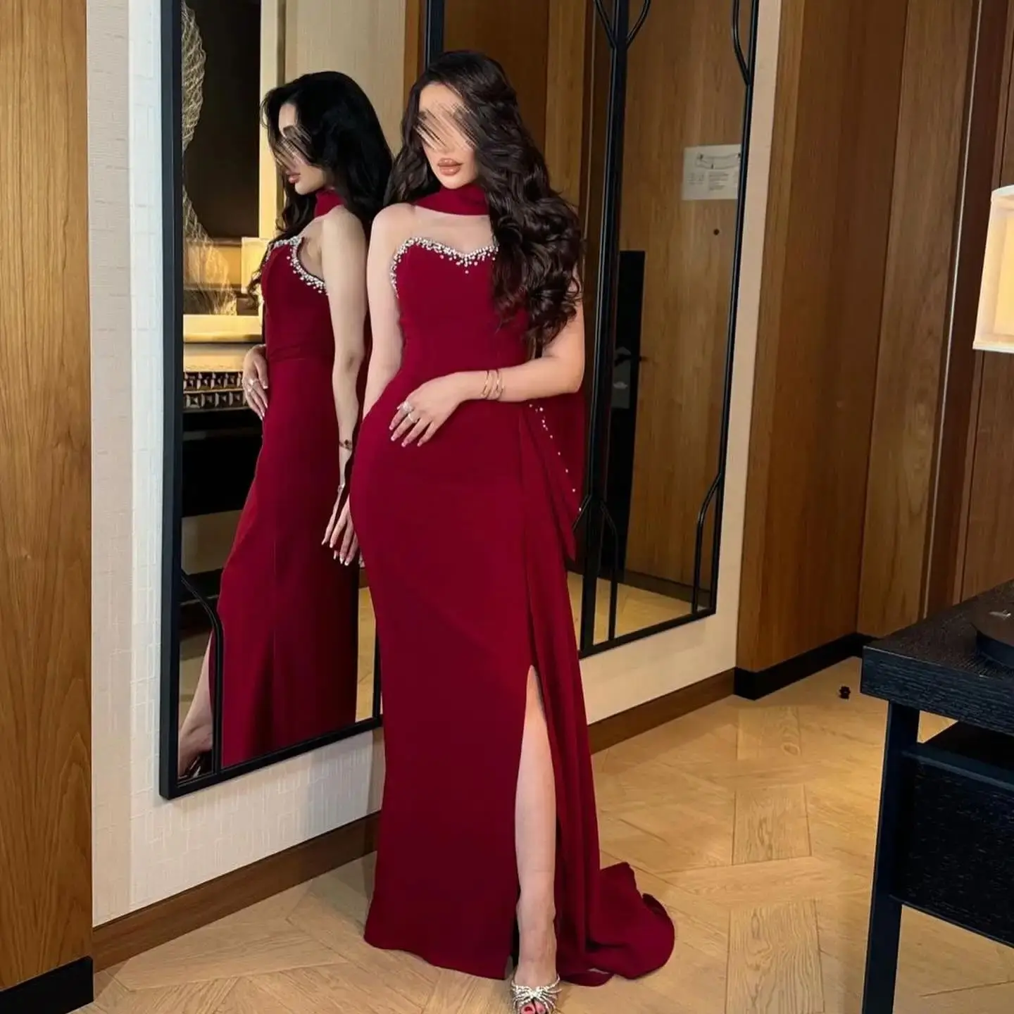 Adeli Sexy Burgundy Prom Gown Women Strapless Beaded Party Evening Dress Floor Length Saudi customized Special Occasion Dresses