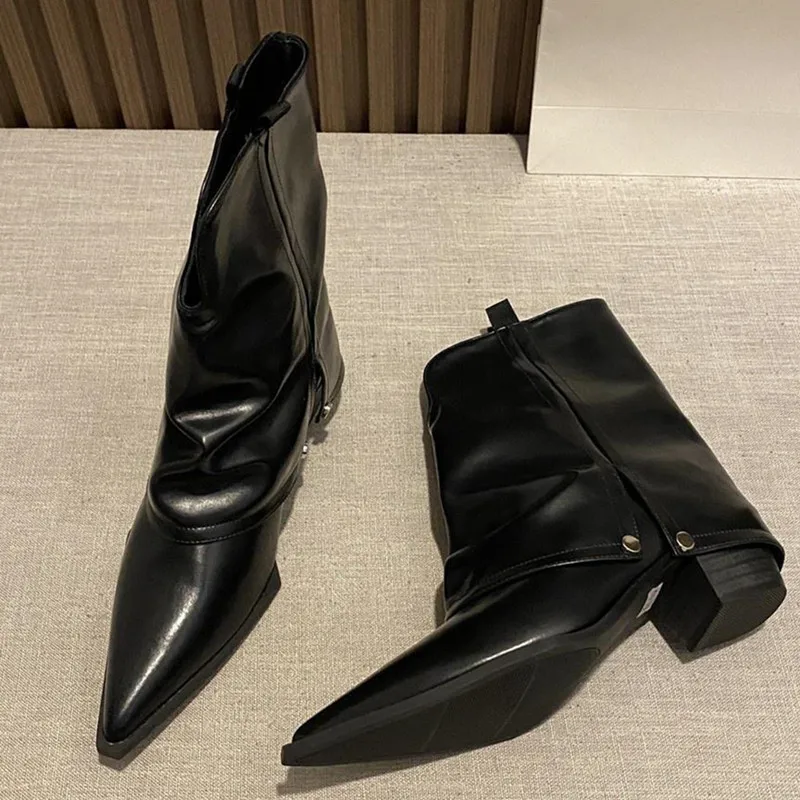 Solid Color Chelsea Boots For Women Mid Heel Pointed Toe Black Knight Boots Cool Female Shoes All-matching Designer Brand Shoes