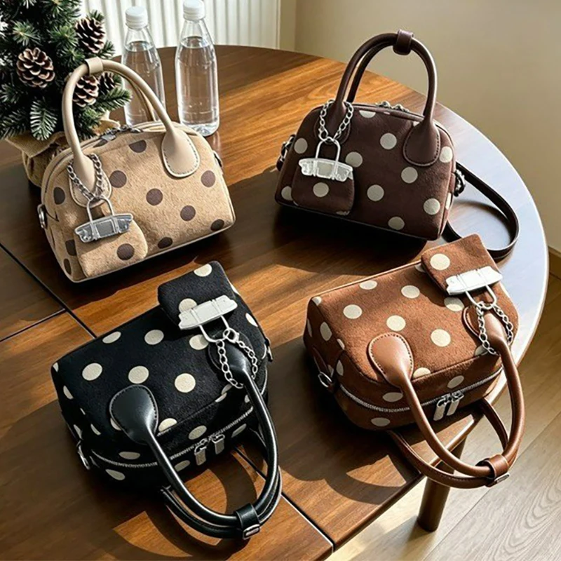 Women Polka Dot Mini Boston Handbag 2026 Vintage Top‑handle Bag Chain Crossbody Shoulder Purse Daily Small Satchel Bags