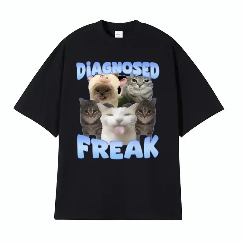 Diagnosed Freak Funny Watermelon Cat Meme T-shirt Men Women's Summer Streetwear Tee Shirt Fashion Cotton Humor T Shirt