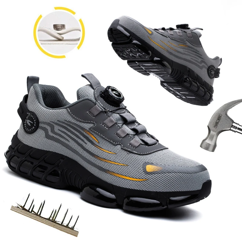 European‑American Style Summer Fly‑Knit Safety Shoes Rotating Button No‑Tie‑Lace Breathable Lightweight Protective Industrial Wo