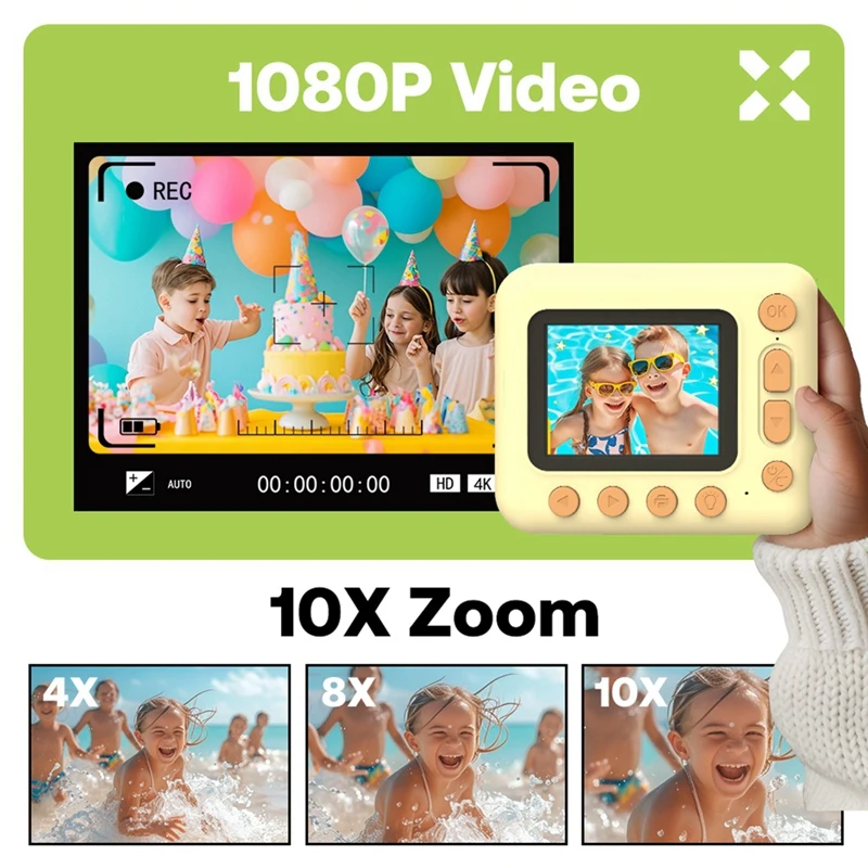 Kids Instant Print Camera 1080P HD Digital Camera With 2.4 Inch IPS Screen 10X Optical Zoom Includes 32GB TF Card Yellow