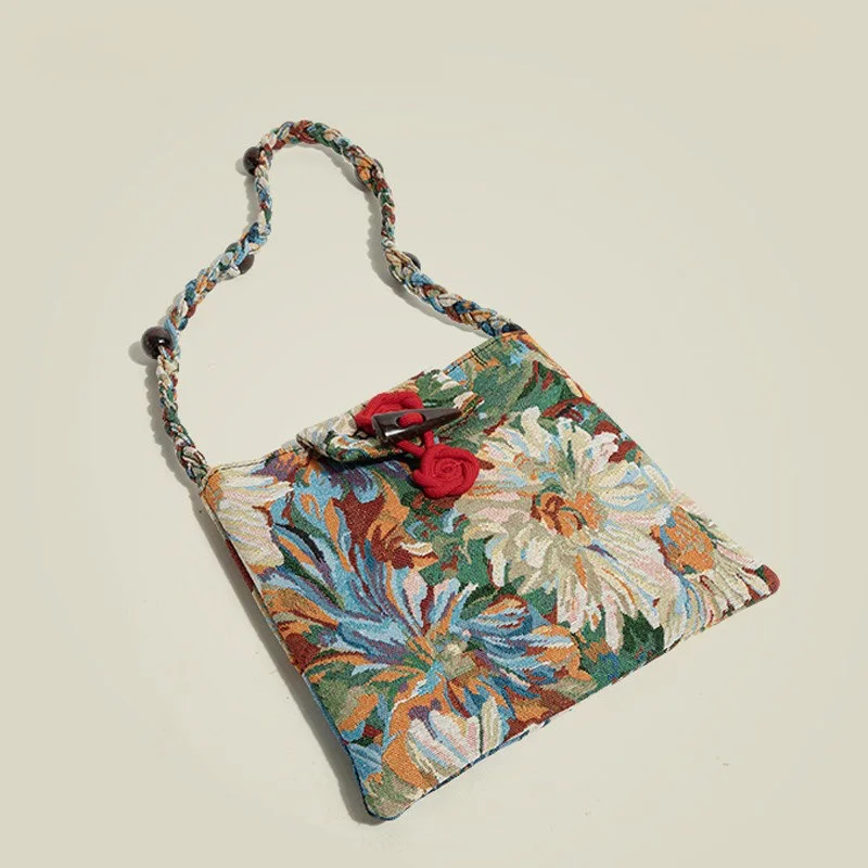 French Romantic Summer Colorful Sweet Girl Bag Exquisite Oil Painting Flower Red Rope Buckle Fashion Casual Women Shoulder Bag