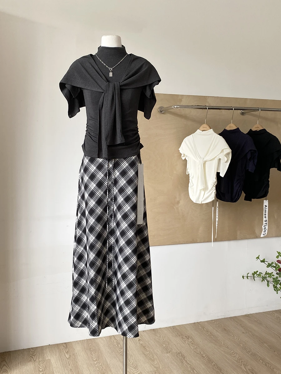 

Early Autumn 2025 Fashion Pure Color Simple Casual Short Sleeve T-Shirt Shawl Two-Piece Set Korean Style Women's Adult Wear