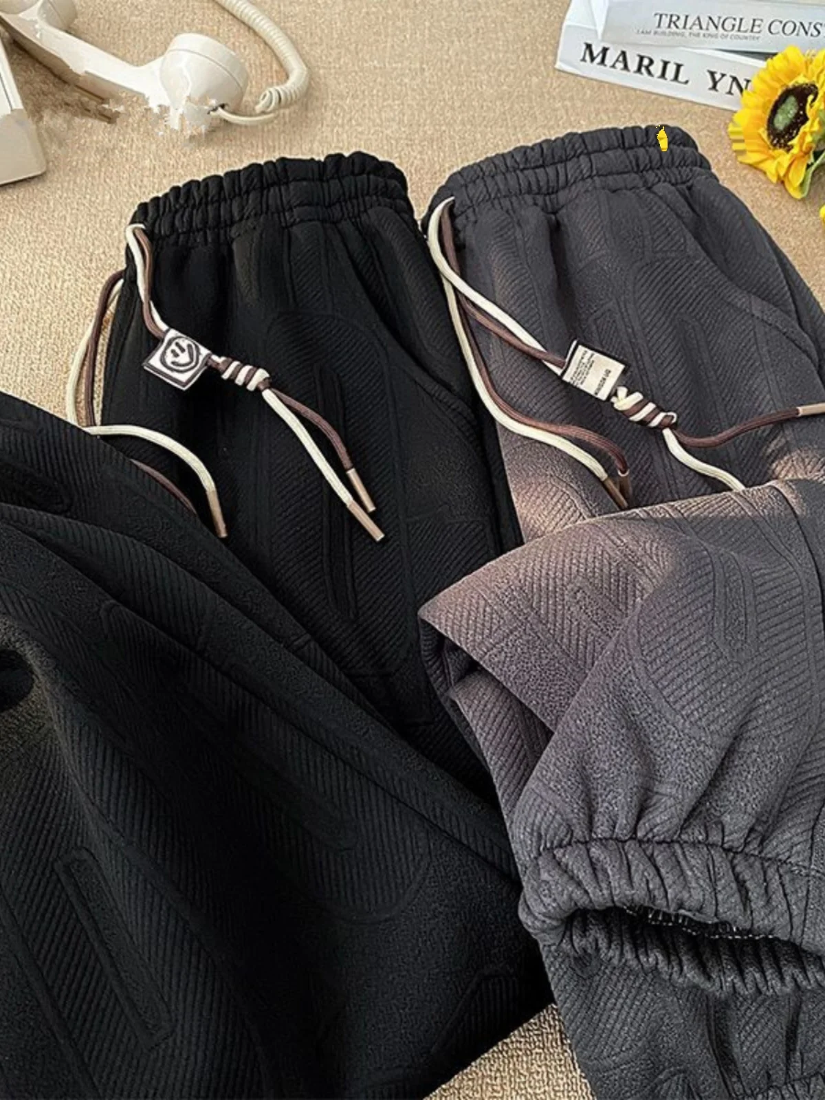 

Men's Casual Fce Lined Autumn Winter Warm Nine Point Sweatpants Loose Fit mid Waist Long Pants Youthful Sle Khaki Color