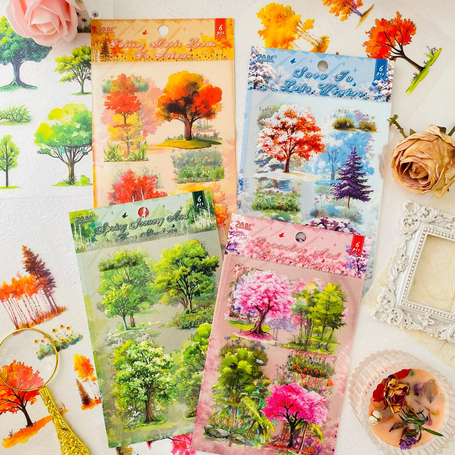 Journamm 6sheets Tree Series Scrapbook Stickers Junk Journal Supplies Pre-Cut Aesthetic PET Materials Scrapbooking Decor Diary