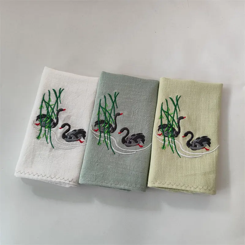 Chinese Retro Embroidered Cotton Linen Handkerchief Swan Willow Pattern Soft Absorbent Sweat Lucky Gift For Men Women Tea Cloth