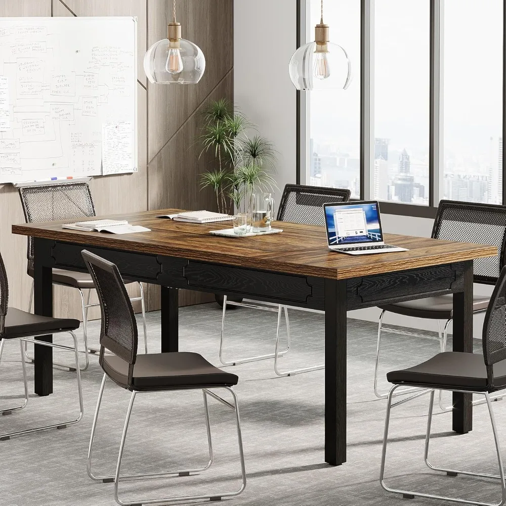 

Rectangular Office Conference Table, Farmhouse Meeting Room Tables for 4-6 People, Business Seminar Table for Office