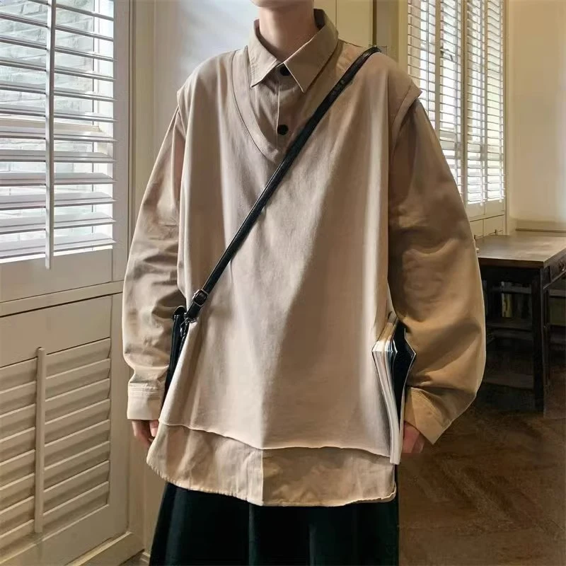 

Fake Two Piece Turn-down Collar Long Sleeve Men Office Work Oversized Solid Black Korean Style New Trend Spring Autumn Clothes