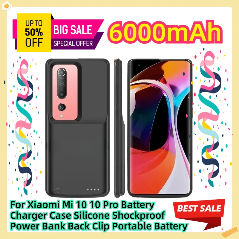 

For Xiaomi Mi 10 10 Pro Battery Charger Case Silicone Shockproof Power Bank Back Clip Portable Battery
