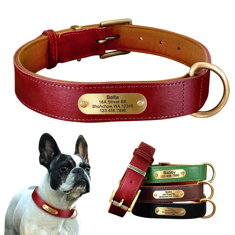 Maßgeschneidertes Hundehalsband aus echtem Leder, langlebiges Hundehalsband aus echtem Leder, frei gravierte Haustier-ID-Tag-Halskette für kleine große Hunde