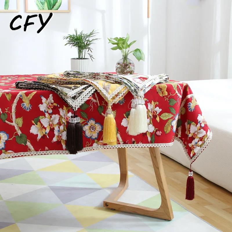 Chinese Classical Peony Flower Cotton Linen Rectangular Tablecloth Home Coffee Dining Table Fireplace Microwave Cover