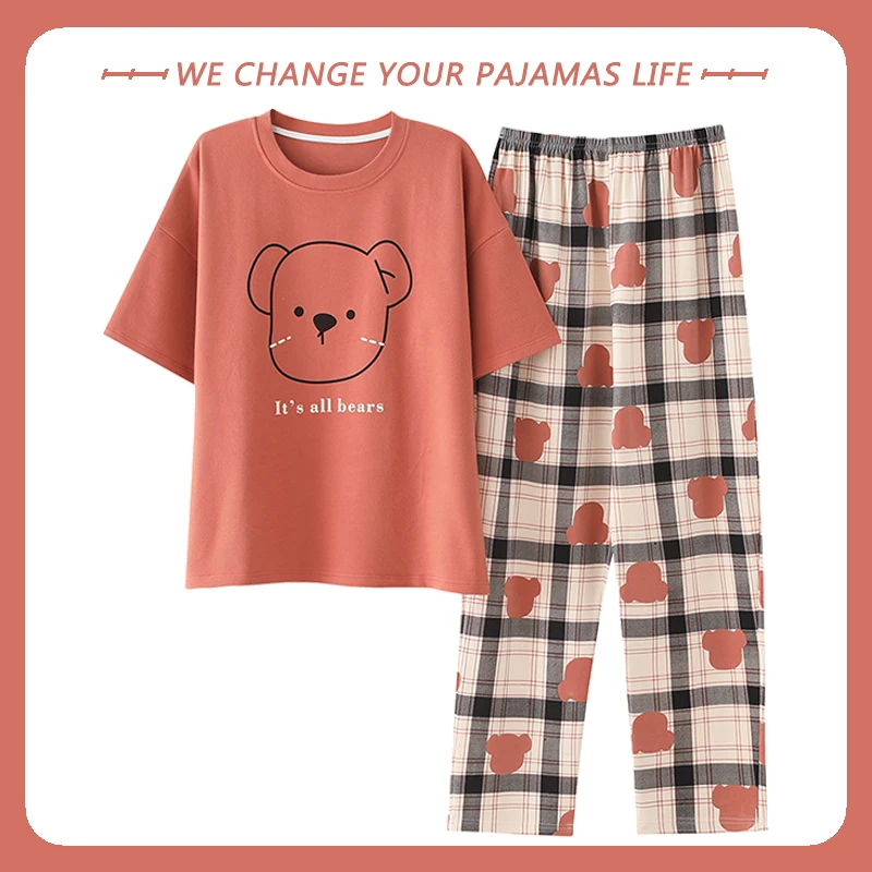 Women Pajamas Set Korean Version of the Autumn and Winter Cartoon Bear Christmas Pajamas Round Neck Long Sleeve Trousers 2 Piece