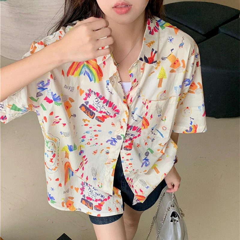 Japanese Personality Cartoon Graphic Shirts Couples Harajuku Kawaii Blouse Loose Oversized Summer Tops Students Casual Camisas