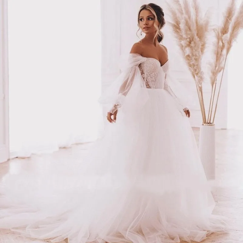 Off The Shoulder Appliques Pleats Wedding Dresses Detachable Long Puff Sleeve Tulle Polka Dot A Line Vestidos De Novia Lace-up