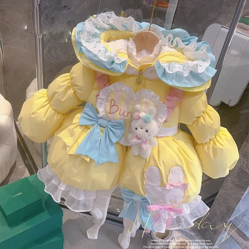 Girls lolita padded winter doll cute princess lace bud hooded padded jacket
