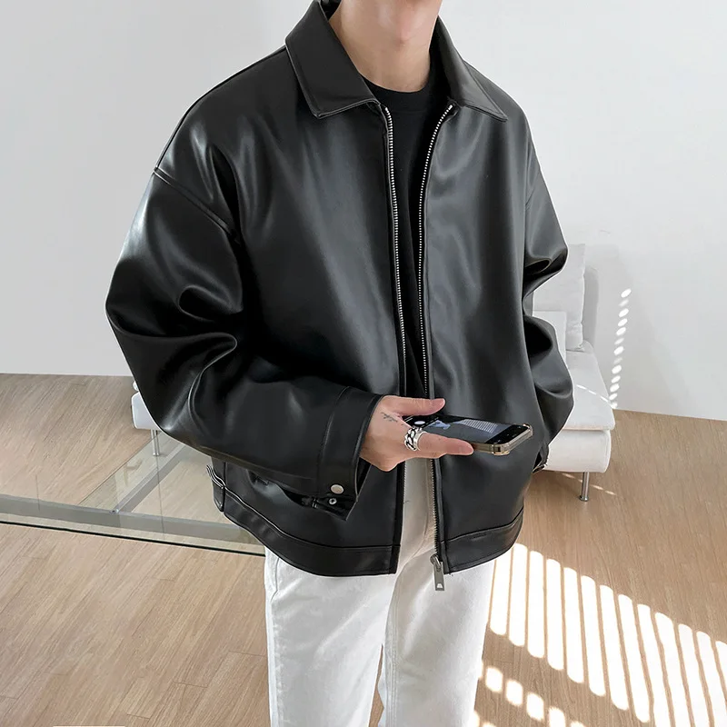 KIDWHXR Leather Jacket Man Autumn Korean Turn Down Collar Zipper Men Outerwear Windproof Waterproof Loose Casual Male Coat