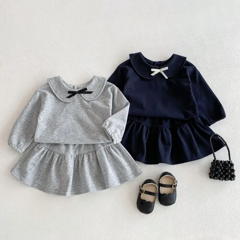 

2025 Autumn New Girls Long Sleeve Clothes Set Baby Girl Sweet Bow Lapel Tops + Skirts 2pcs Suit Infant Solid Princess Outfits