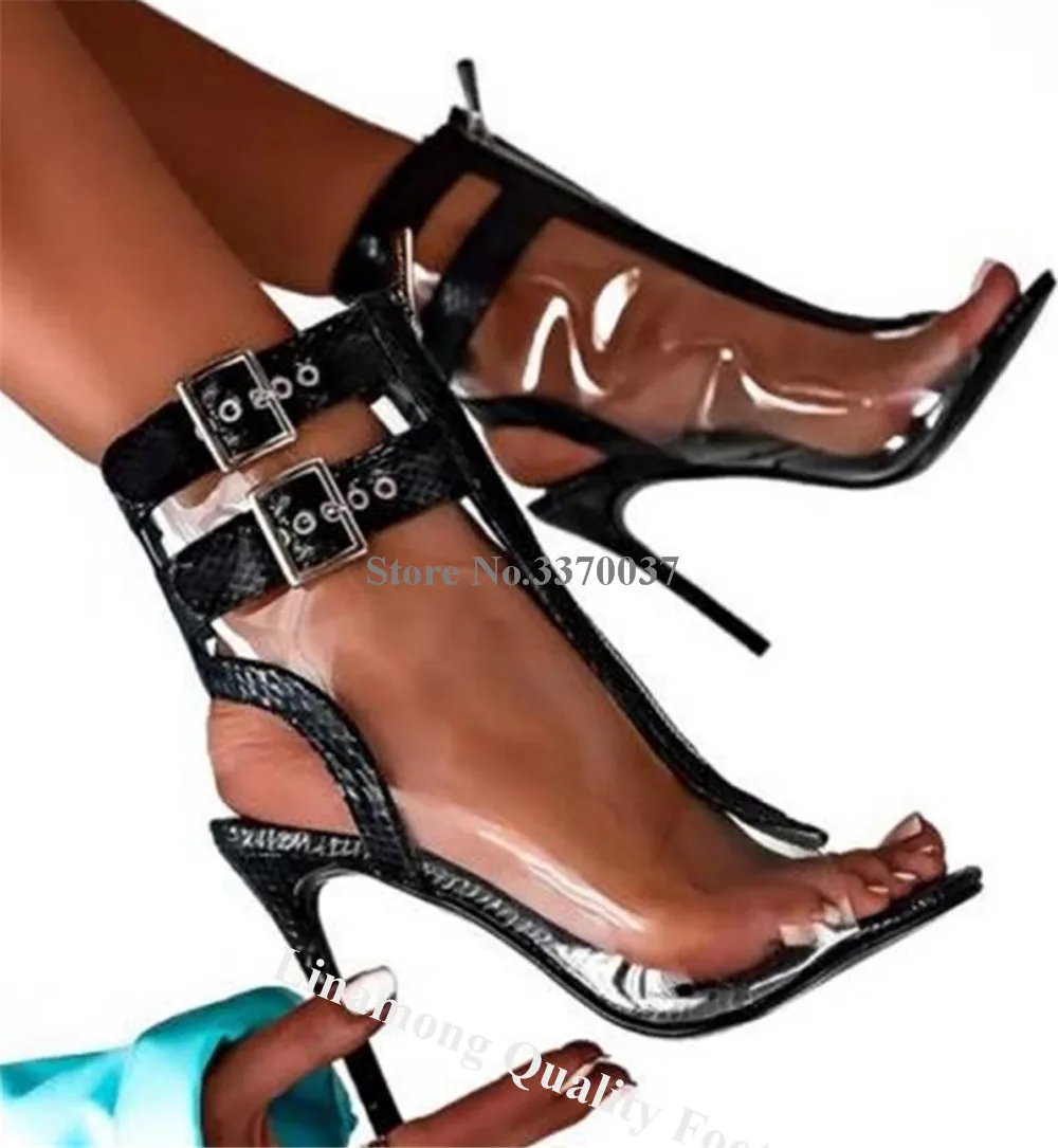 Linamong Stiletto Heel Peep Toe Boots Clear Pink 5