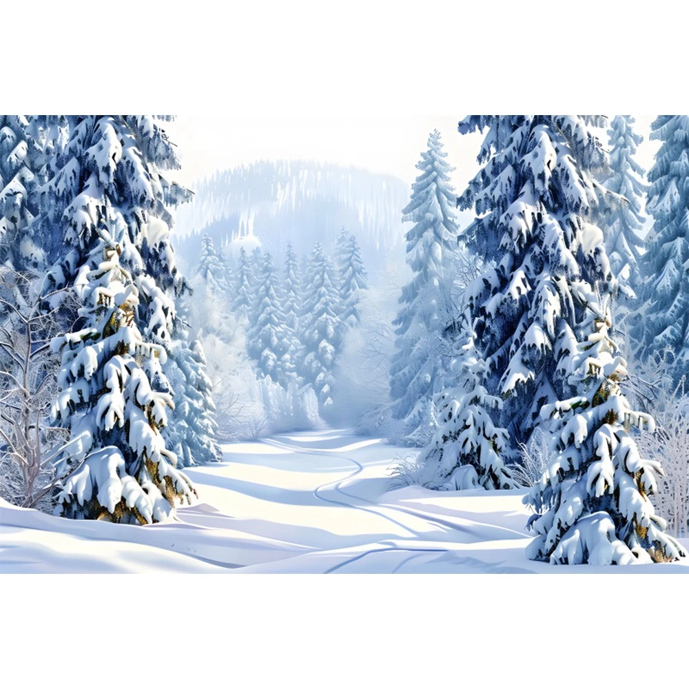 Christmas Winter Snow Scene Backdrop White Snowy Forest Tree Mountain Aurora Kids Portrait Photography Background Photo Studio