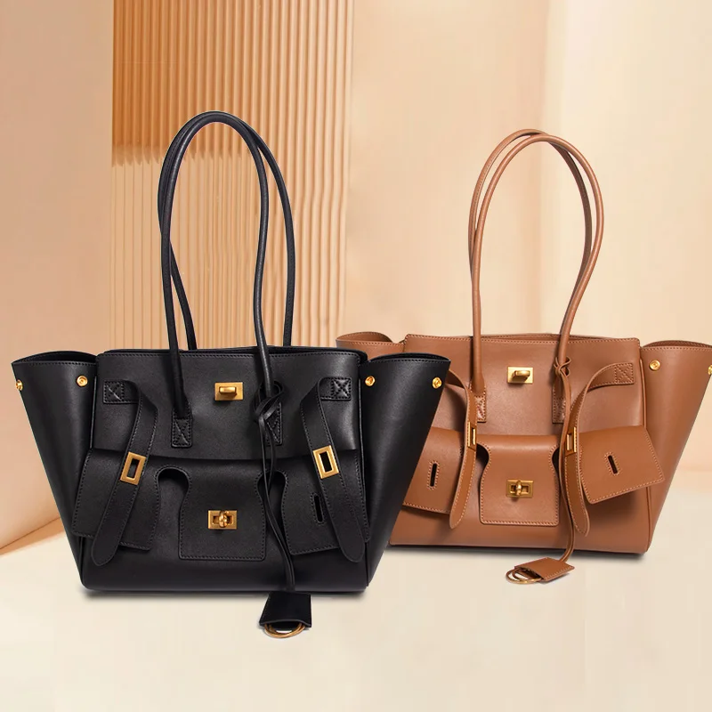 

Genuine Leather Women's Bag Cool Motorcycle Platinum Square Buckle Simple And Versatile Large Capacity Travel Underarm Tote Bag