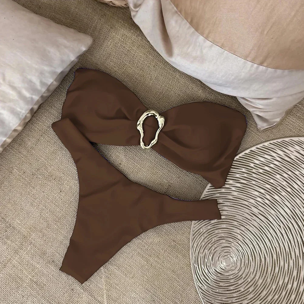 Women's Solid Color Fashionable Lingeries Sexy Hot Casual Metal Japanese Woman Panties Sexy BrasStrapless Bikini Split Swimsuit