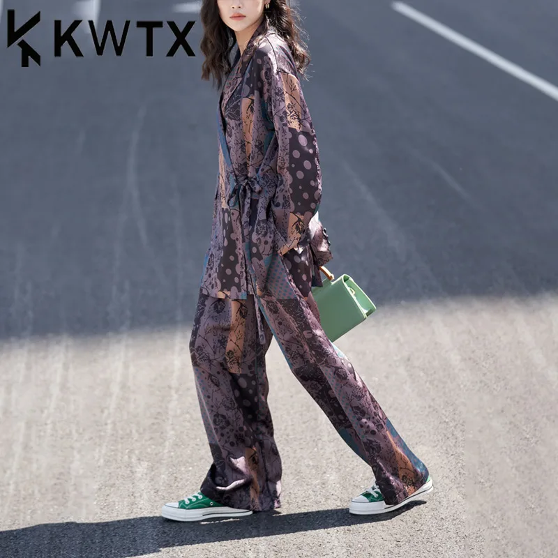 

KWTX 2025 Spring Summer Women’s Satin 2-Piece Set Shirt Top & Wide Leg Pants Tie-Waist Casual Streetwear Elegant Outfit
