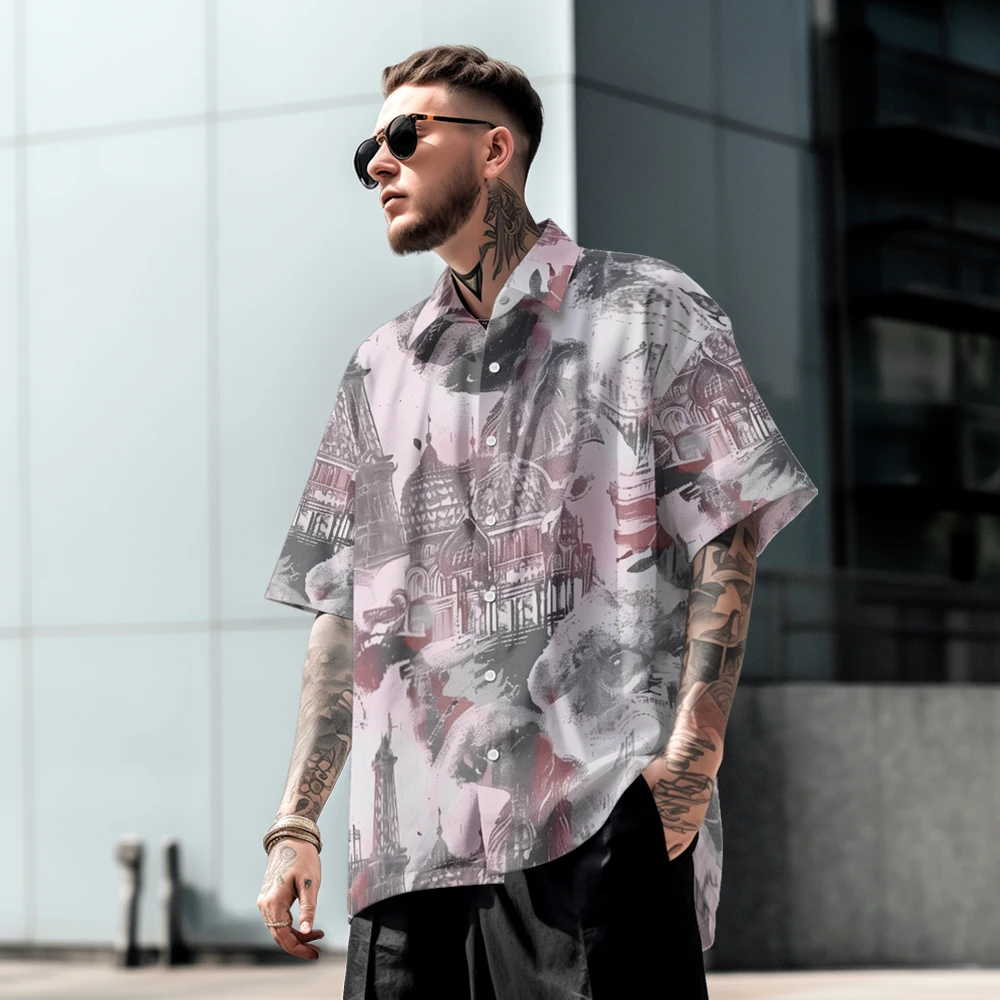 

Summer casual oversized short sleeved shirt with full body print, loose fit, comfortable Hawaiian beach trend, single breasted