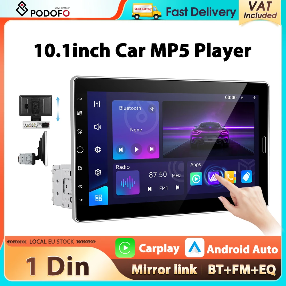Podofo 1Din MP5-Player 10,1'' Multimedia-Player Kabelloses Carplay Android Auto Bluetooth FM/RDS EQ Sound SWC Mirror Link Auto-Audio