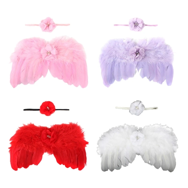 2Pcs Baby Photoshoot Angel Costume Wing Pearl Flower Headband Photo Posing Props Photography Clothes Newborn Shower Gift