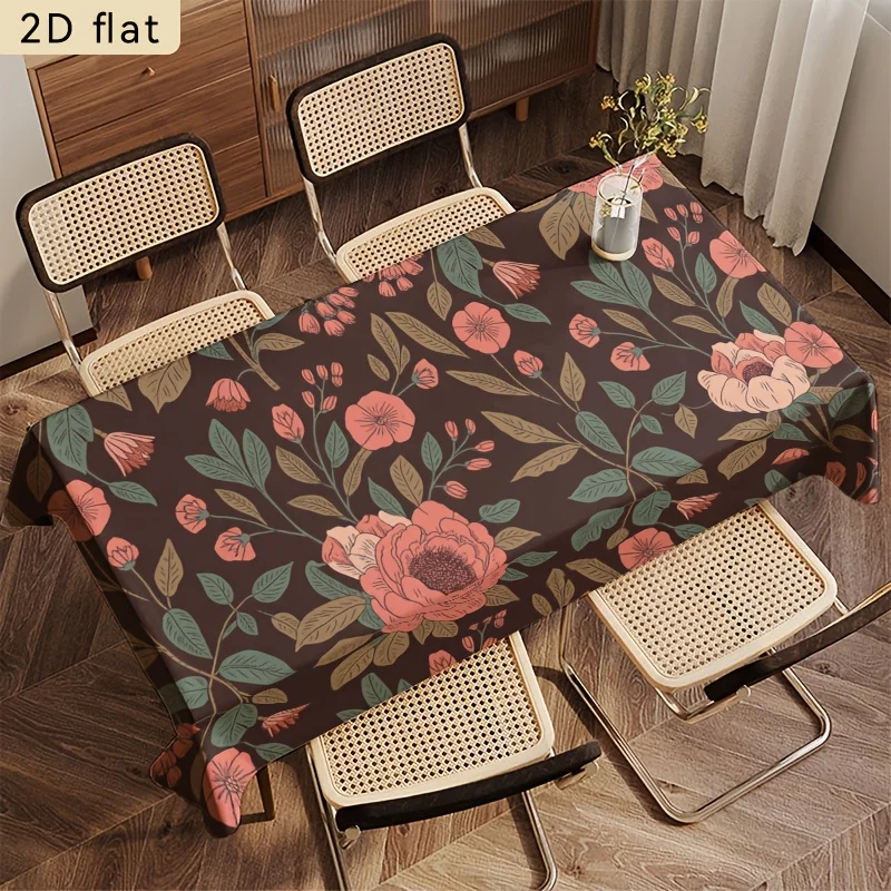 Vintage Peony Tablecloth, Dark Brown Background With Pink Floral Pattern, Waterproof Table Cover for Daily Meals & Party Use