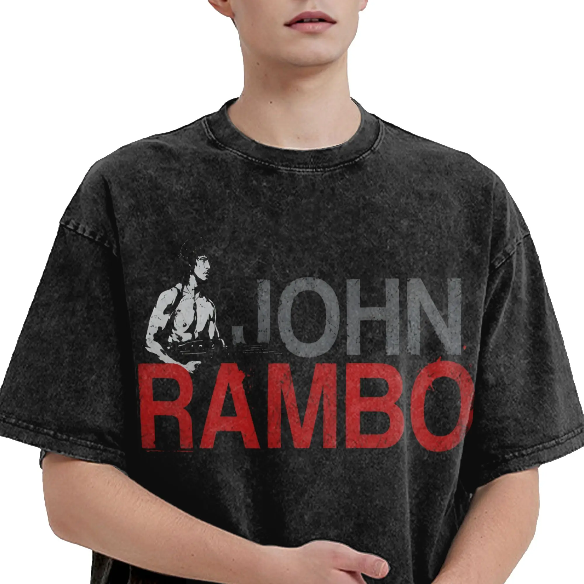 John Rambos Washed T Shirts Streetwear Hip Hop Casual T-Shirt  Tees for Men Women Short Sleeve High Street