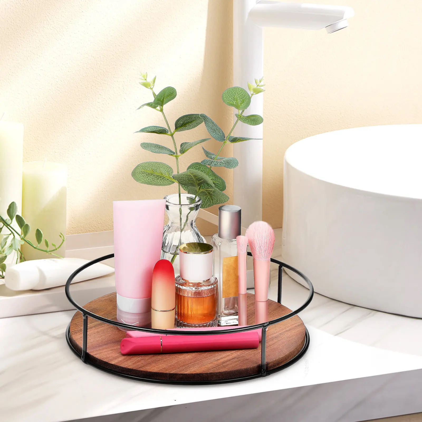 Rotating Wood Tray round Serving Tray Vanity Organizer Turntable Centerpiece Decorative Storage Tray for Coffee Table Tea Time