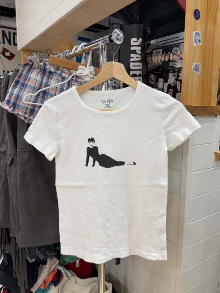 Character Print White T-shirts Women Summer Casual Simple Streetwear Slim O-neck Short Sleeve Tees Vintage Hepburn Style Tshirts