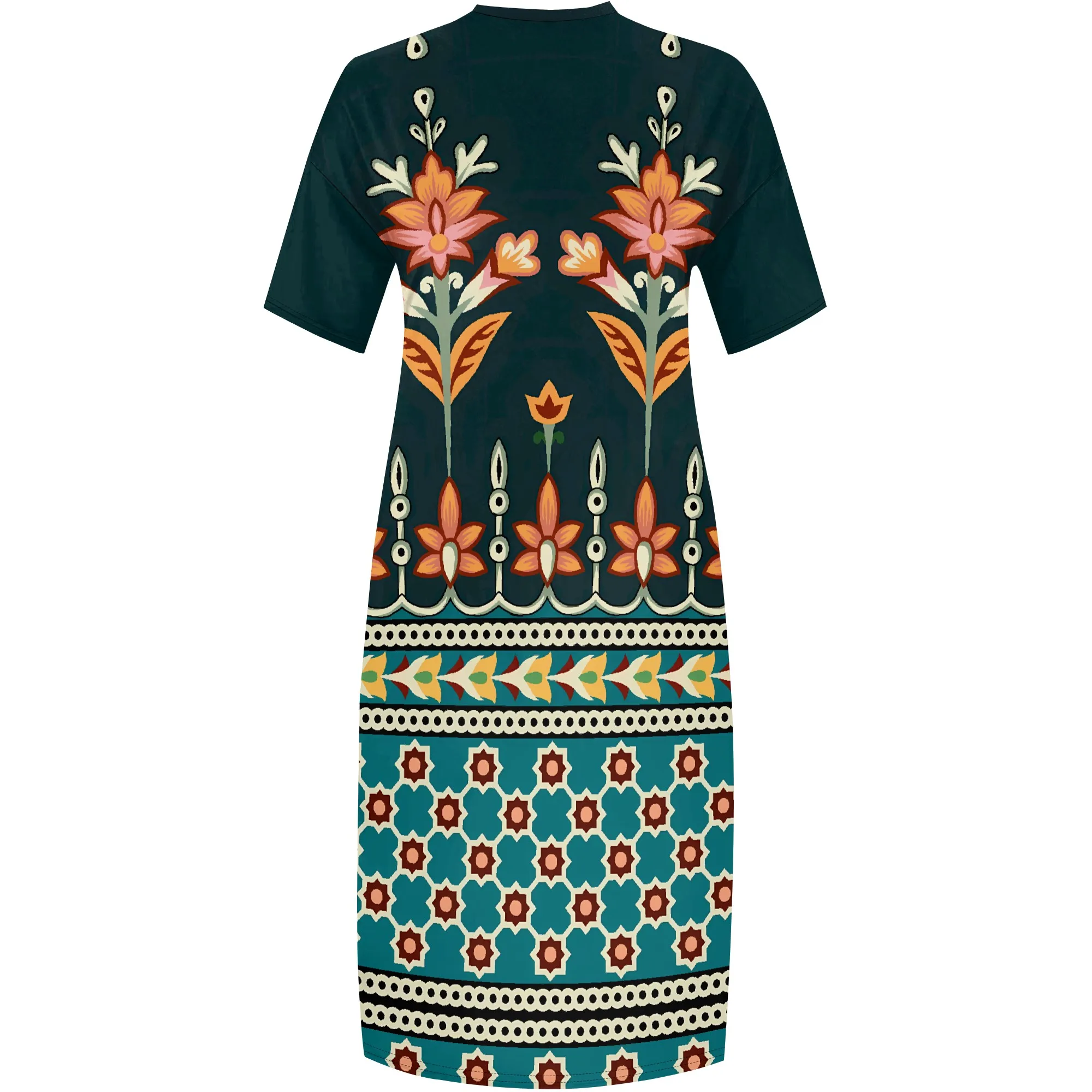 Nupusa 꽃 패턴 프린트 드레스 여성용 플러스 사이즈 여름 캐주얼 V 넥 짧은 소매 맥시 드레스 (포켓 포함)