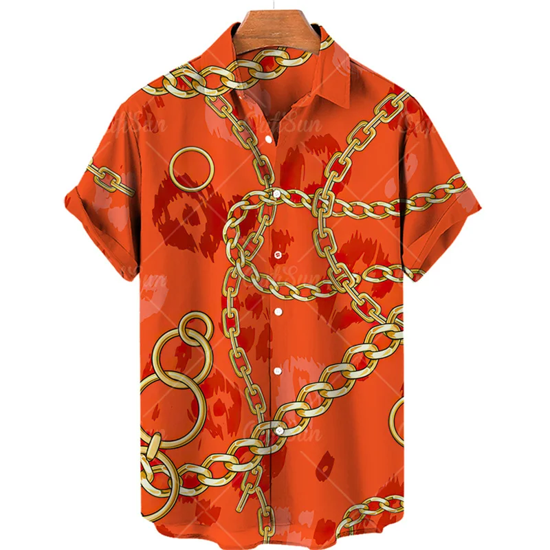 Heren Zomer Luxe 3d Printing Gouden Ketting Originele Bloemen Hawaiiaanse Shirts Casual Gothic Mode Middeleeuwse Slim Fit Kleding