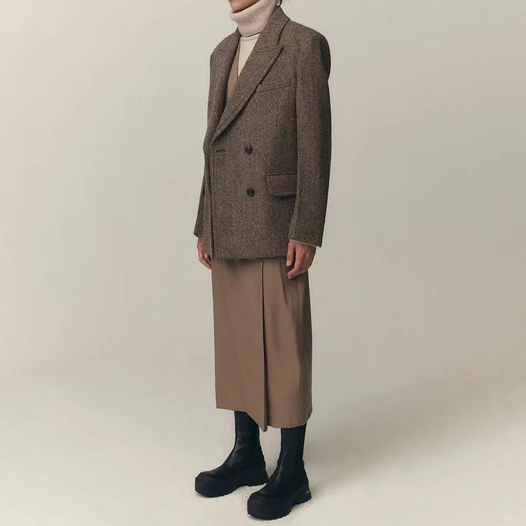 

Retro-style herringbone suit jacket for women 2025 autumn/Winter new loose and casual double-breasted woolen suit