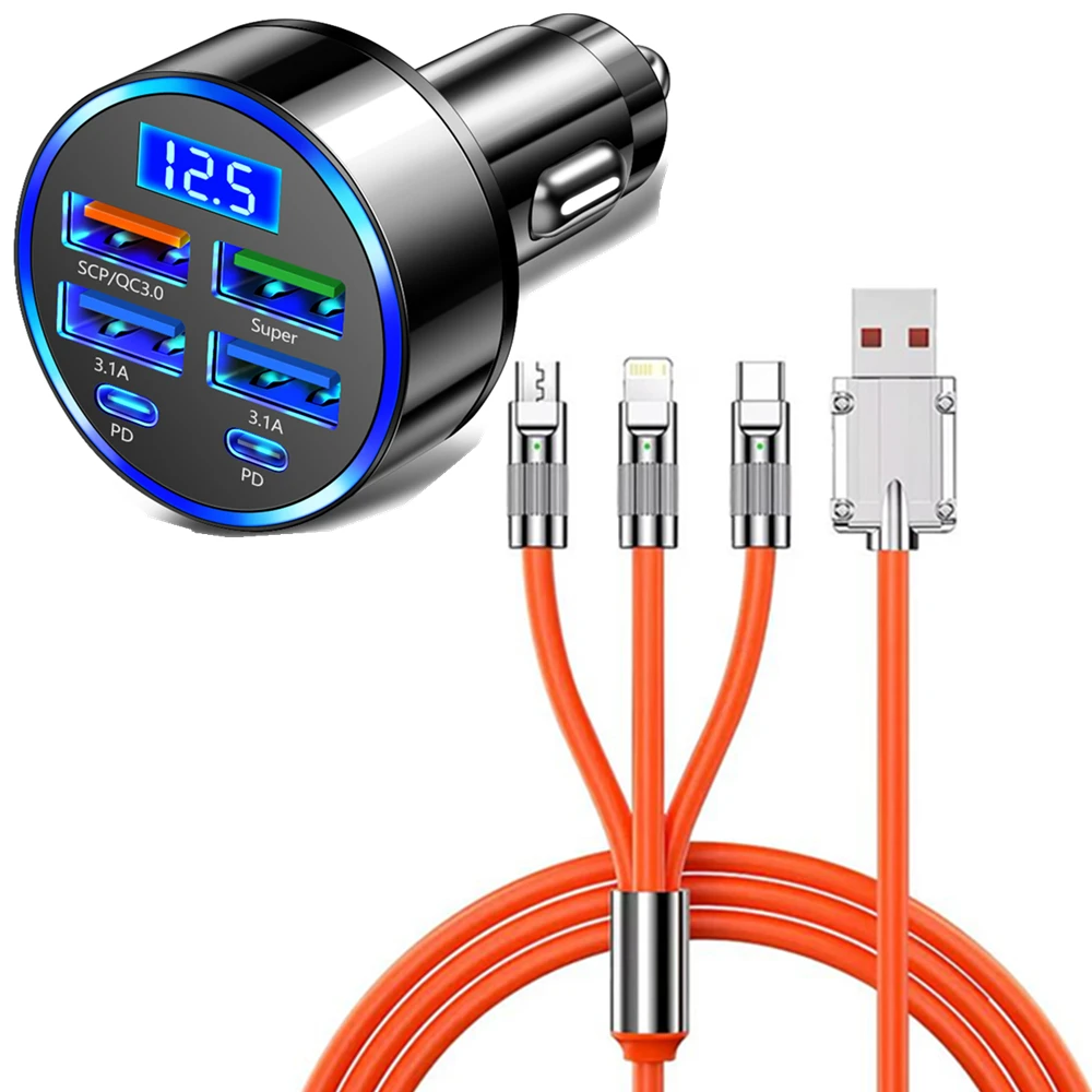 

6 in 1 Universal Car Phone Charger PD Super Fast with Cable, USB PD 100W Fast Charging Car Charger 6 Ports Quick Charge 3.0