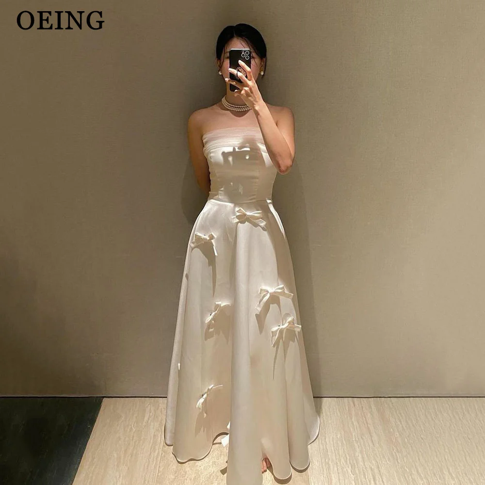 

OEING Simple White Stain A Line Evening Dresses Korea Strapless 3D Flowers Prom Dress Wedding Party Gowns For Photoshoot 프롬드레스