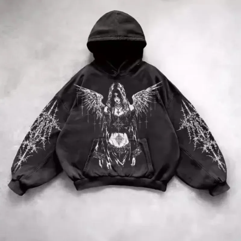 Hip Hop Gothic Y2K Sweatshirt Streetwear Sports European And American Autumn Winter Plush Hooded Printed Fashionable Top New