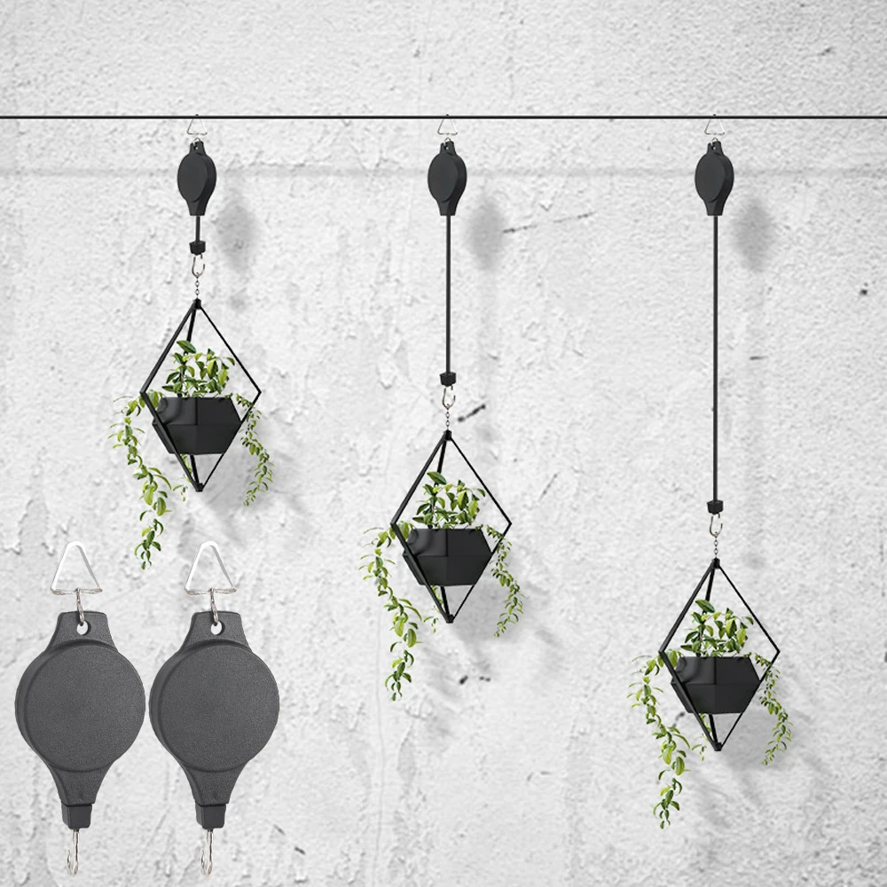 Retractable Plant Pulley Hanging Basket Hooks with Ceiling Hooks, Adjustable Rope Clip Hanger for Garden Hanging Basket Pots