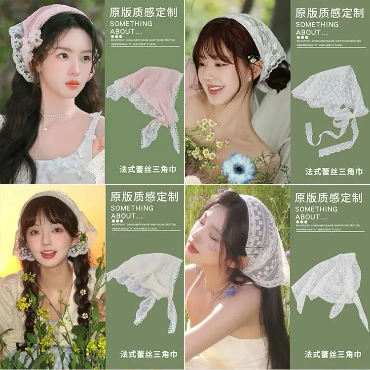 Premium French Lace Triangle Head Scarf Women Summer Thin Breathable Sun Protection Versatile Fashion Ribbon Hair Band
