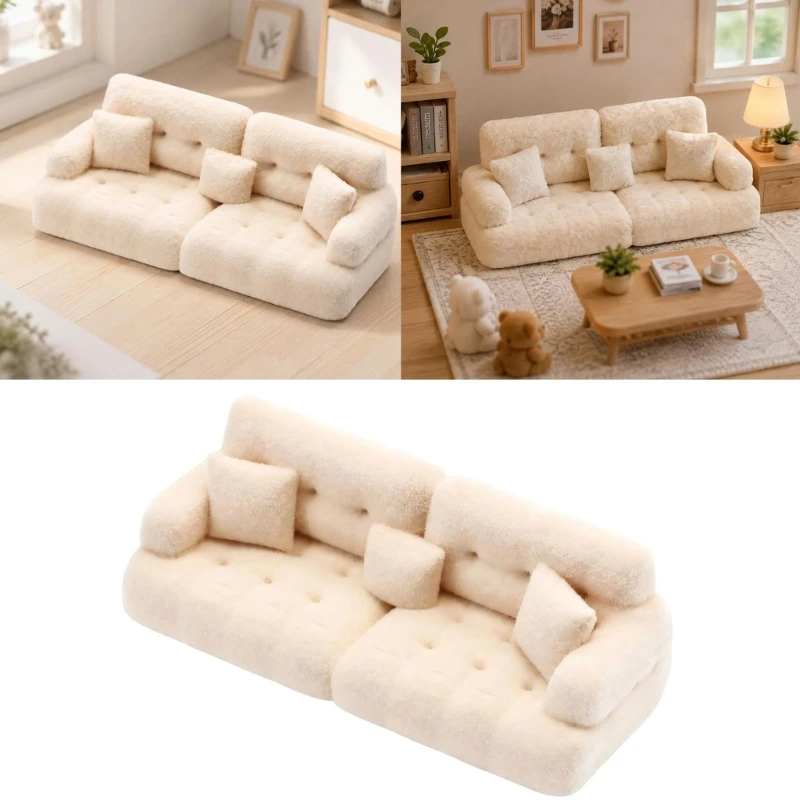 Mini Couch Model Figure for Doll House Living Room Decoration with Flocking Surfaces Miniature Furniture for Scene Display