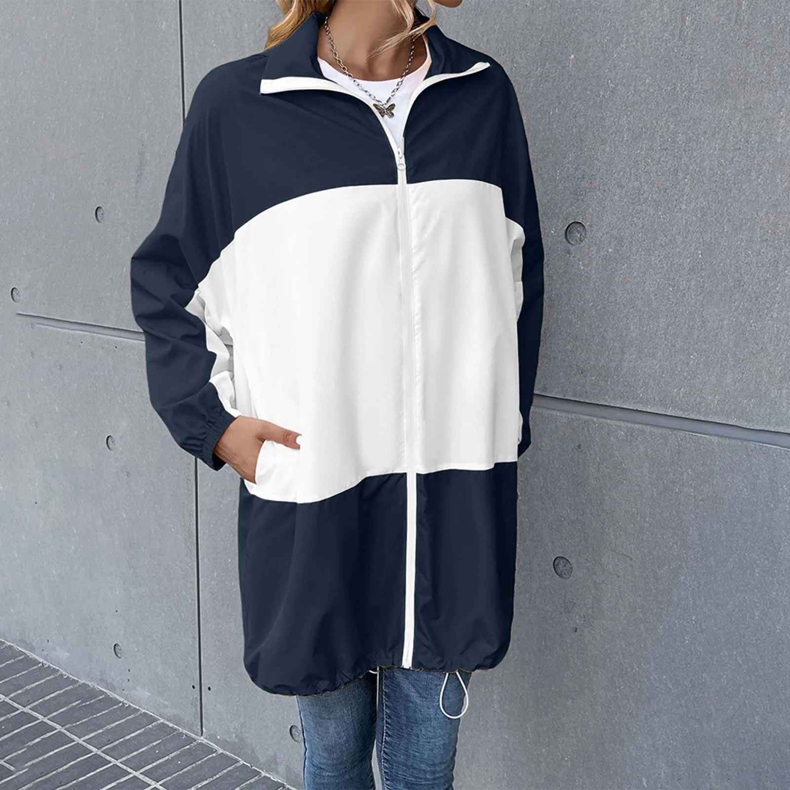 

Women's Fashion Color Matching Windbreaker Waterproof Long Windbreaker Coats Hooded Windbreaker Lightweight Raincoats Jacket