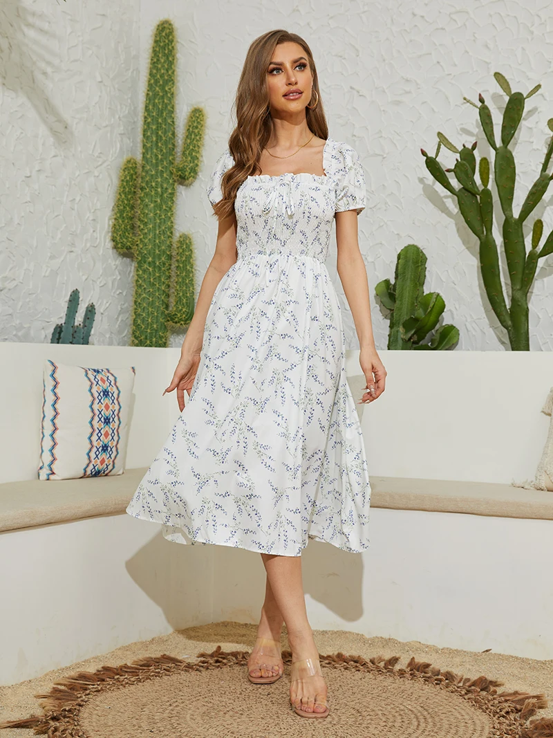 Backless White Floral Summer Long Dresses Short Sleeve Sexy Boho Beach Maxi Dress Elegant Bandage Kylie's Dresses For Women 2024