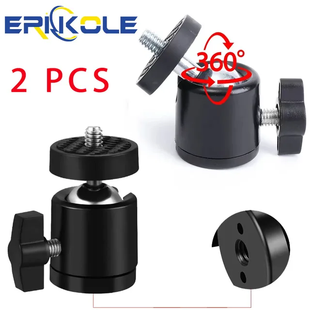 2-Pc 360 °   Obrotowa mini głowica kulowa z uniwersalnym uchwytem na statyw 1/4" do smartfonów LED Light Video Light Mikrofon Kamery akcji