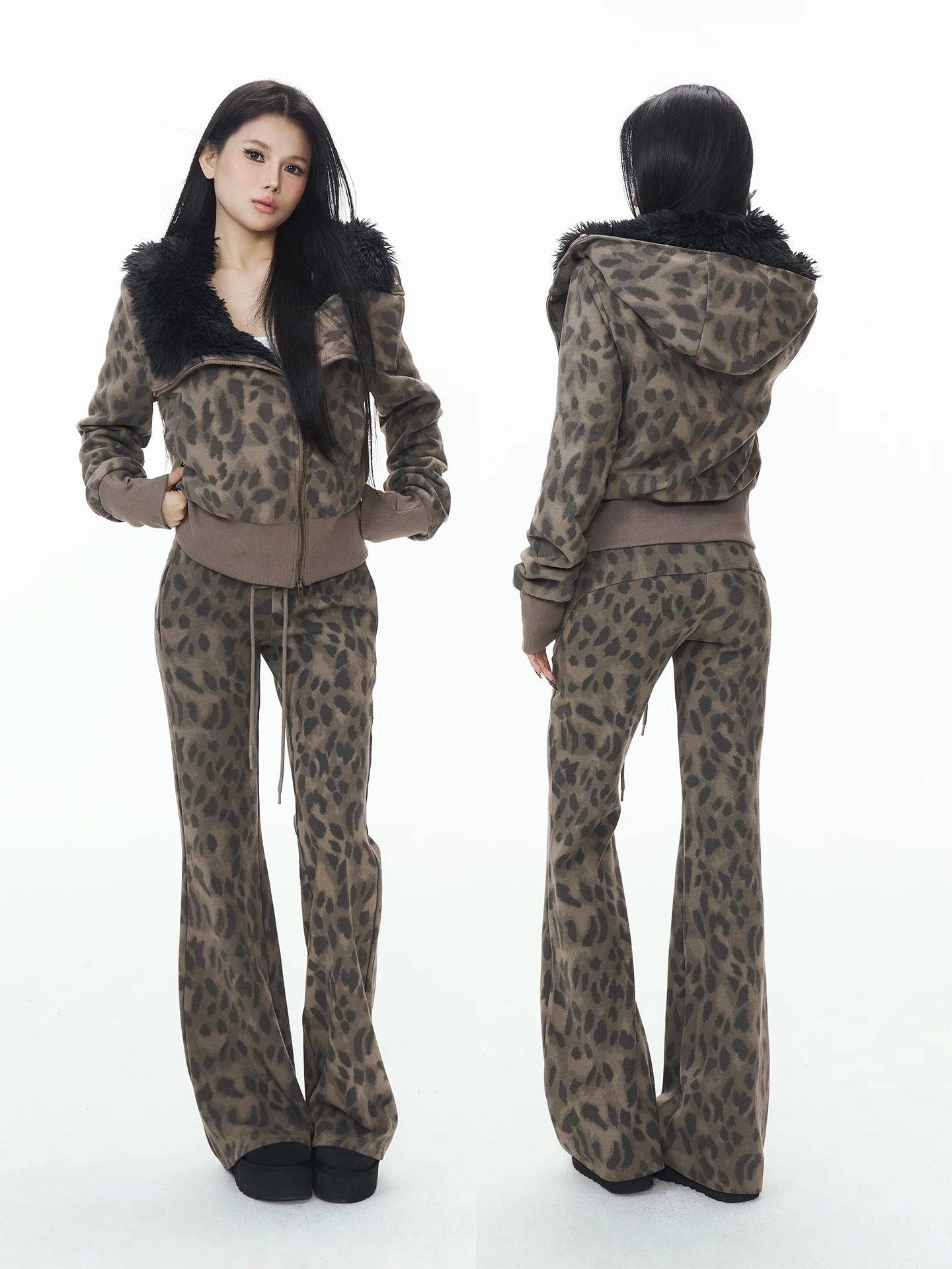 

Комплект Jiyue: худи и брюки с леопардовым принтом, женский повседневный теплый модный осенний наряд с длинными рукавами, застежкой-молнией и манжетами